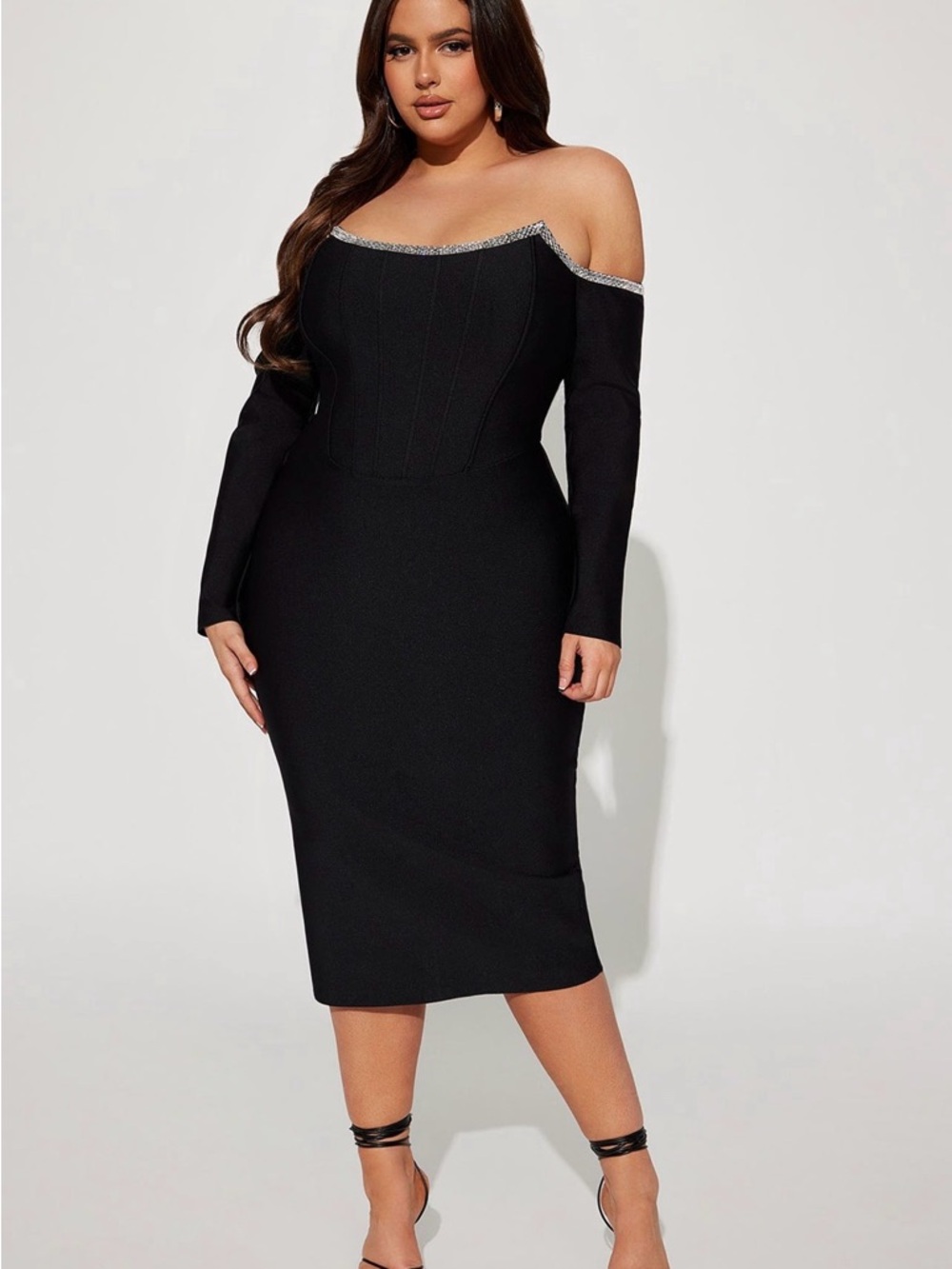Off-Shoulder Black Midi Dress with Crystal Trim